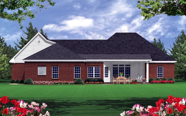 European, Ranch, Traditional Plan with 1855 Sq. Ft., 3 Bedrooms, 3 Bathrooms, 2 Car Garage Rear Elevation
