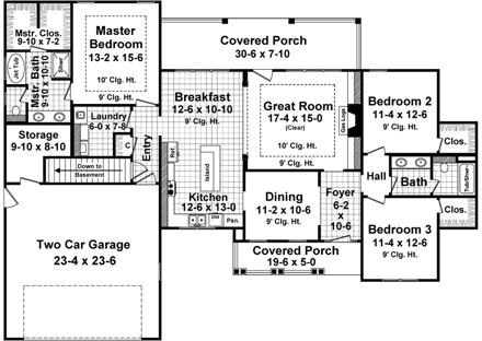 Cottage, Country, Craftsman House Plan 59027 with 3 Beds, 2 Baths, 2 Car Garage First Level Plan