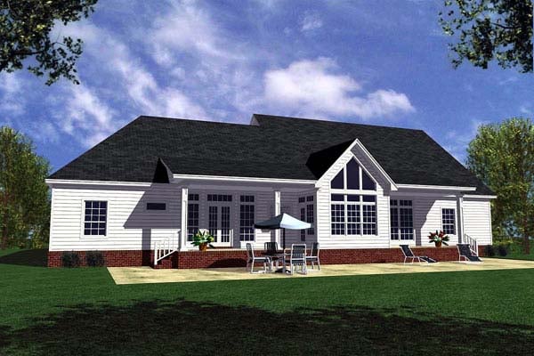 Country, Ranch, Southern, Traditional House Plan 59028 with 3 Beds, 3 Baths, 2 Car Garage Rear Elevation