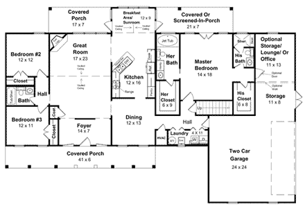 Country, Farmhouse, Ranch, Southern House Plan 59036 with 4 Beds, 3 Baths, 2 Car Garage First Level Plan