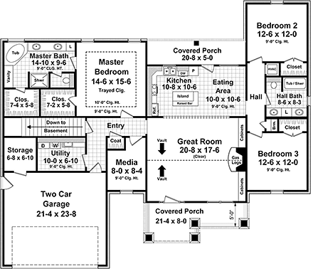 Bungalow, Cottage, Craftsman House Plan 59042 with 3 Beds, 2 Baths, 2 Car Garage First Level Plan