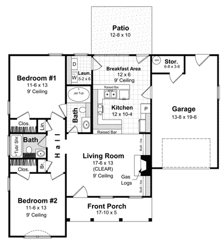 Country, Ranch, Traditional House Plan 59044 with 2 Beds, 2 Baths, 1 Car Garage First Level Plan