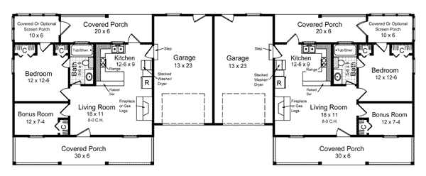 Bungalow, Country, Farmhouse, Ranch Multi-Family Plan 59046 with 2 Beds, 2 Baths, 2 Car Garage Level One