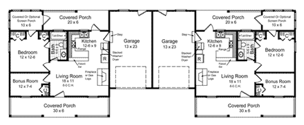 Bungalow, Country, Farmhouse, Ranch Multi-Family Plan 59046 with 2 Beds, 2 Baths, 2 Car Garage First Level Plan