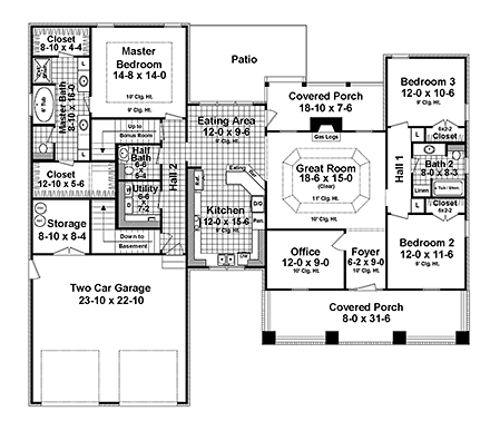 Cottage, Country, Craftsman House Plan 59054 with 3 Beds, 2 Baths, 2 Car Garage First Level Plan