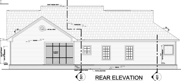 Country, Ranch, Southern, Traditional House Plan 59068 with 3 Beds, 3 Baths, 2 Car Garage Rear Elevation