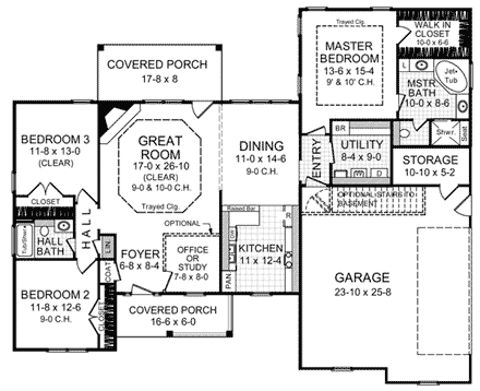 European, Ranch, Traditional House Plan 59069 with 3 Beds, 2 Baths, 2 Car Garage First Level Plan