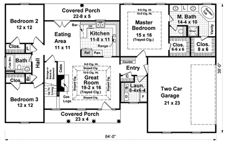 Country, European, Ranch, Traditional House Plan 59084 with 3 Beds, 2 Baths, 2 Car Garage First Level Plan