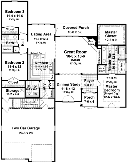 Craftsman, European, Traditional House Plan 59086 with 3 Beds, 2 Baths, 2 Car Garage First Level Plan