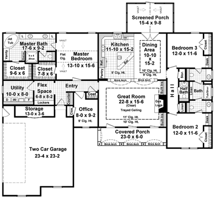 European, Ranch, Traditional House Plan 59090 with 3 Beds, 3 Baths, 2 Car Garage First Level Plan