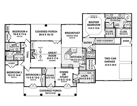 Country, European, Southern House Plan 59100 with 4 Beds, 4 Baths, 2 Car Garage First Level Plan
