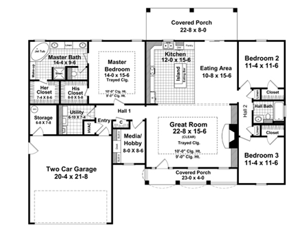 European, Ranch, Traditional House Plan 59105 with 3 Beds, 2 Baths, 2 Car Garage First Level Plan