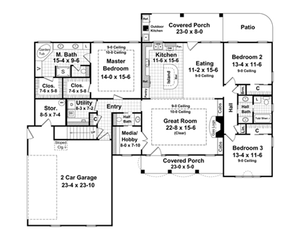 Country, Traditional House Plan 59114 with 3 Beds, 3 Baths, 2 Car Garage First Level Plan