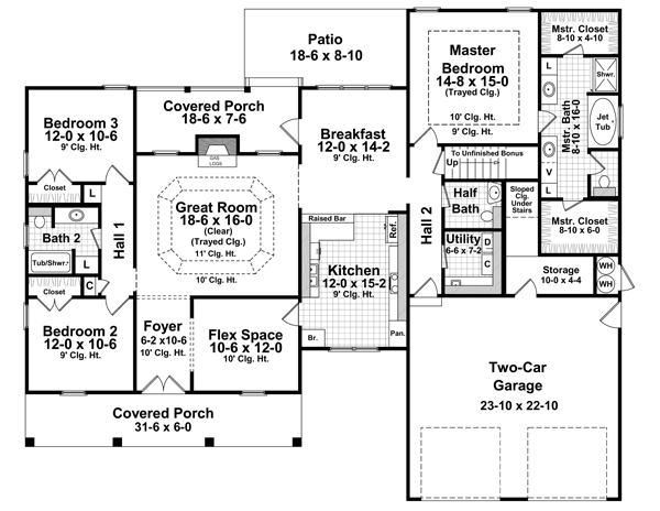 Country, European, French Country House Plan 59125 with 3 Beds, 3 Baths, 2 Car Garage Level One