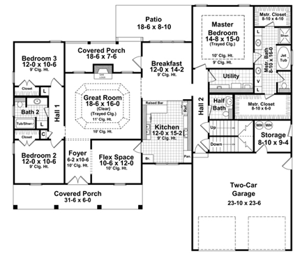 Country, European, French Country House Plan 59142 with 3 Beds, 3 Baths, 2 Car Garage First Level Plan