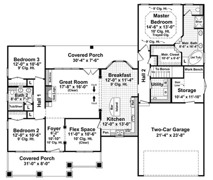 Bungalow, Craftsman House Plan 59148 with 3 Beds, 2 Baths, 2 Car Garage First Level Plan
