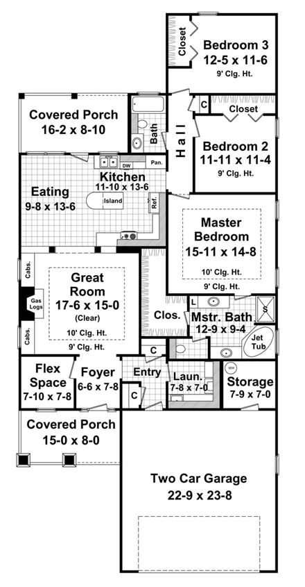 Cottage, Country, Craftsman House Plan 59164 with 3 Beds, 2 Baths, 2 Car Garage First Level Plan