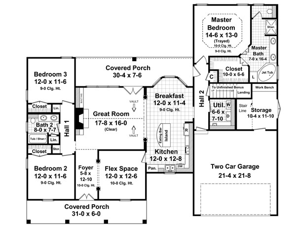 Country, European, French Country House Plan 59165 with 3 Beds, 2 Baths, 2 Car Garage Level One