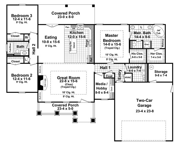 Cottage, Country, Craftsman House Plan 59170 with 3 Beds, 3 Baths, 2 Car Garage Level One