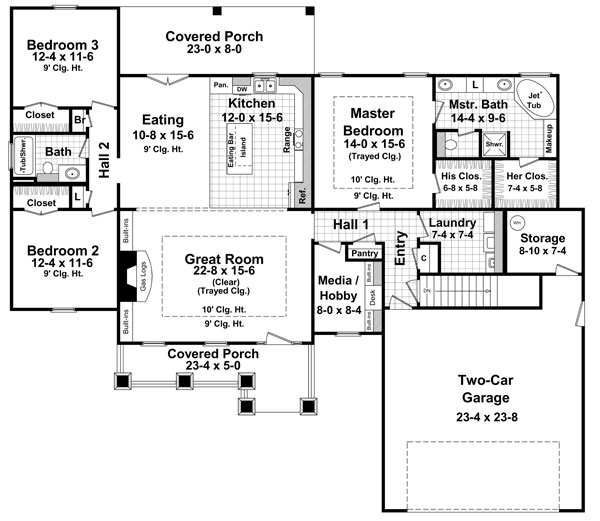 Cottage, Country, Craftsman House Plan 59177 with 3 Beds, 2 Baths, 2 Car Garage Level One