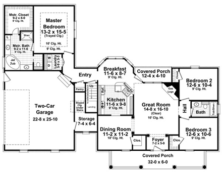 Country, European, Traditional House Plan 59179 with 3 Beds, 2 Baths, 2 Car Garage First Level Plan