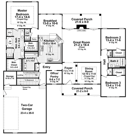 Country, Traditional House Plan 59187 with 3 Beds, 3 Baths, 2 Car Garage First Level Plan