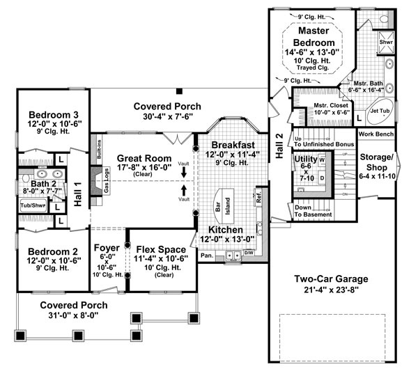 Bungalow, Craftsman, Traditional House Plan 59201 with 3 Beds, 2 Baths, 2 Car Garage Level One