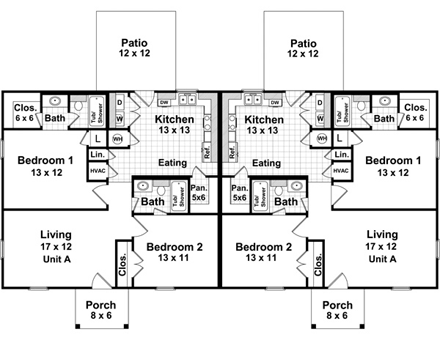 Country, Ranch, Southern Multi-Family Plan 59208 with 4 Beds, 4 Baths First Level Plan
