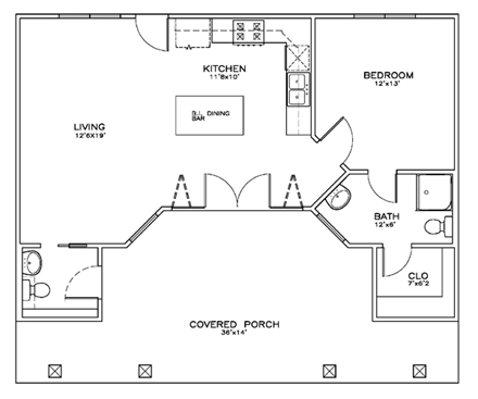 Cottage, Craftsman House Plan 59314 with 1 Beds, 2 Baths First Level Plan