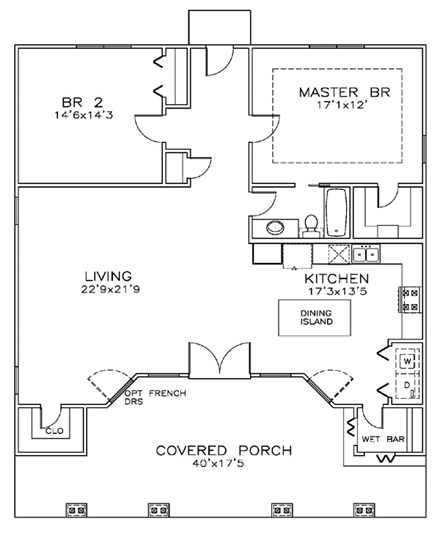 Cottage, Florida, Southern House Plan 59337 with 2 Beds, 1 Baths First Level Plan