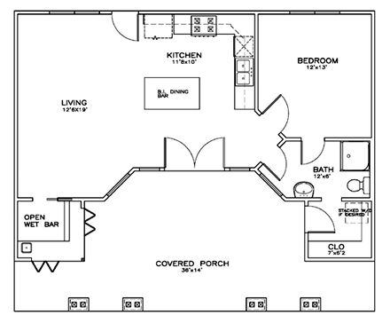 Cottage, Craftsman House Plan 59340 with 1 Beds, 1 Baths First Level Plan
