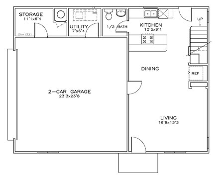 2 Car Garage Plan 59375 with 2 Beds, 2 Baths First Level Plan