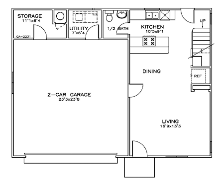 2 Car Garage Plan 59381 with 2 Beds, 2 Baths First Level Plan