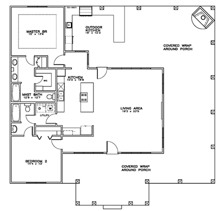 Coastal, Southern House Plan 59390 with 2 Beds, 2 Baths First Level Plan