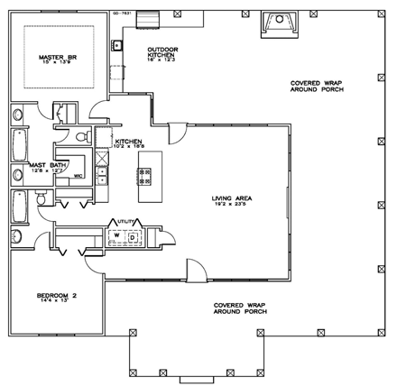 Coastal, Southern House Plan 59396 with 2 Beds, 2 Baths First Level Plan