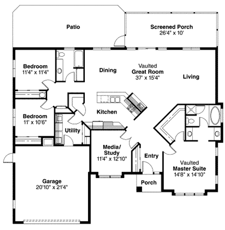 Mediterranean, Ranch House Plan 59437 with 3 Beds, 2 Baths, 2 Car Garage First Level Plan