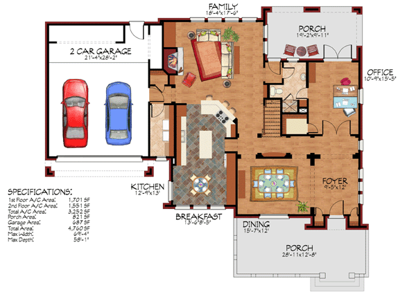 European, Mediterranean, Traditional House Plan 59502 with 4 Beds, 4 Baths, 2 Car Garage Level One