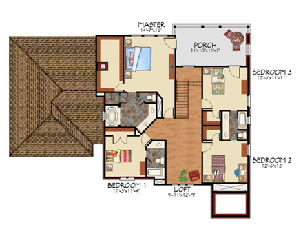 European, Traditional, Tudor House Plan 59504 with 4 Beds, 4 Baths, 2 Car Garage Second Level Plan