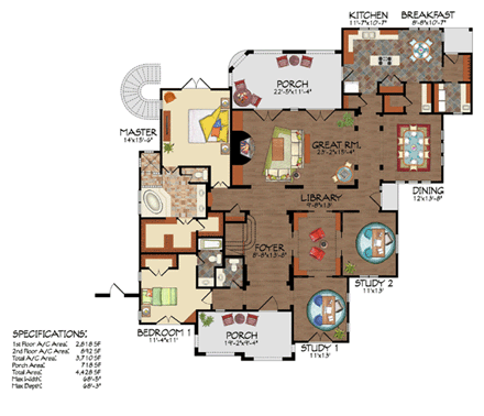 European, Mediterranean, Traditional House Plan 59505 with 4 Beds, 4 Baths First Level Plan