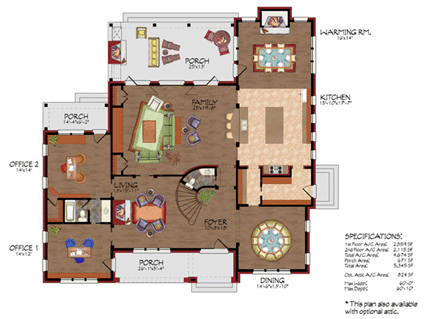 Traditional House Plan 59507 with 3 Beds, 5 Baths First Level Plan