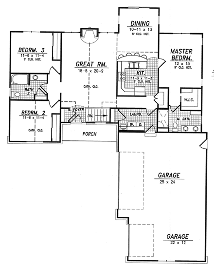 Traditional House Plan 59636 with 3 Beds, 2 Baths, 3 Car Garage First Level Plan