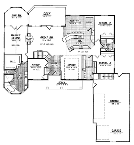 House Plan 59663 with 3 Beds, 2 Baths, 3 Car Garage First Level Plan