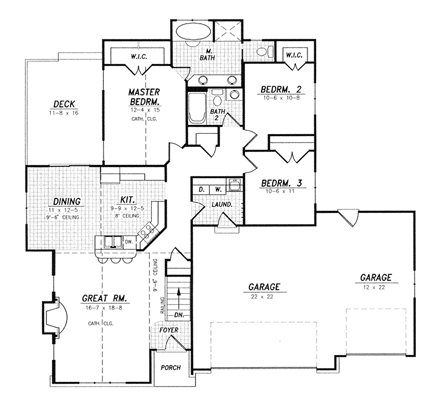 Traditional House Plan 59680 with 3 Beds, 2 Baths, 3 Car Garage First Level Plan