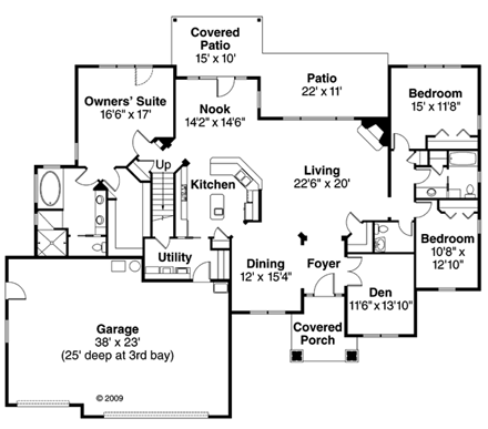 Cottage, Craftsman, European, Ranch House Plan 59721 with 3 Beds, 4 Baths, 3 Car Garage First Level Plan
