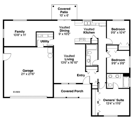 Contemporary, Cottage, Country, Ranch House Plan 59777 with 3 Beds, 2 Baths, 2 Car Garage First Level Plan
