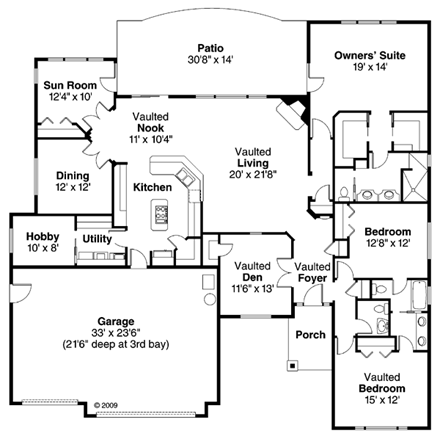 Contemporary, Cottage, Craftsman, European, Ranch House Plan 59782 with 3 Beds, 3 Baths, 3 Car Garage First Level Plan