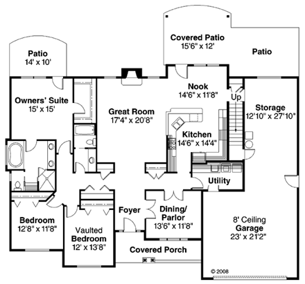 Cottage, European, Ranch House Plan 59787 with 3 Beds, 3 Baths, 2 Car Garage First Level Plan