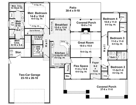 Cottage, Country, Craftsman, Southern House Plan 59928 with 4 Beds, 3 Baths, 2 Car Garage First Level Plan
