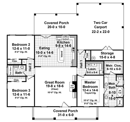 Country, Ranch, Traditional House Plan 59936 with 3 Beds, 2 Baths, 2 Car Garage First Level Plan