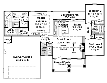 Bungalow, Craftsman House Plan 59942 with 3 Beds, 2 Baths, 2 Car Garage First Level Plan